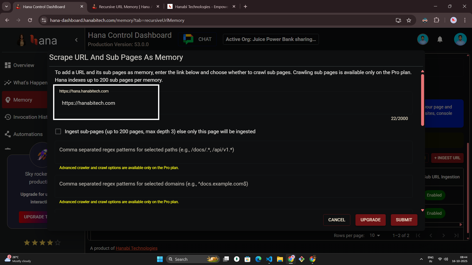 Hana dashboard — Recursive URL memory