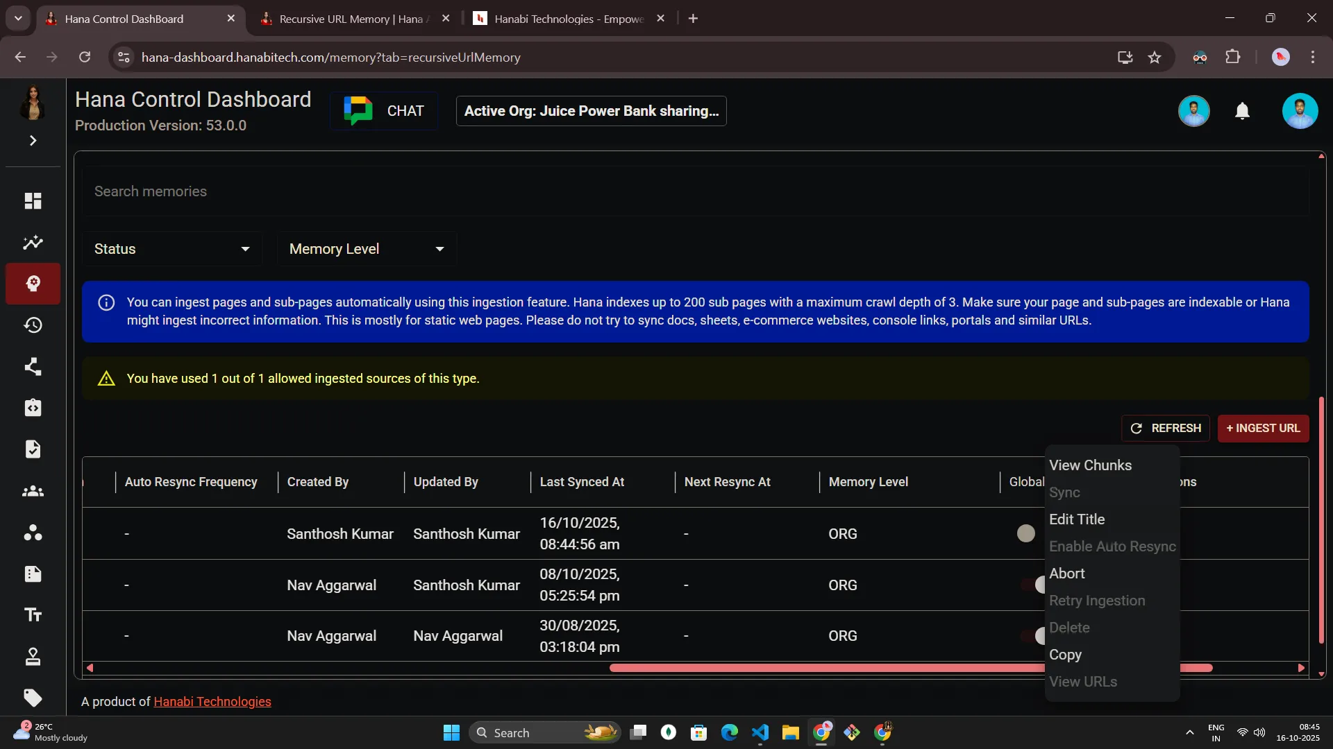 Hana dashboard — Recursive URL memory