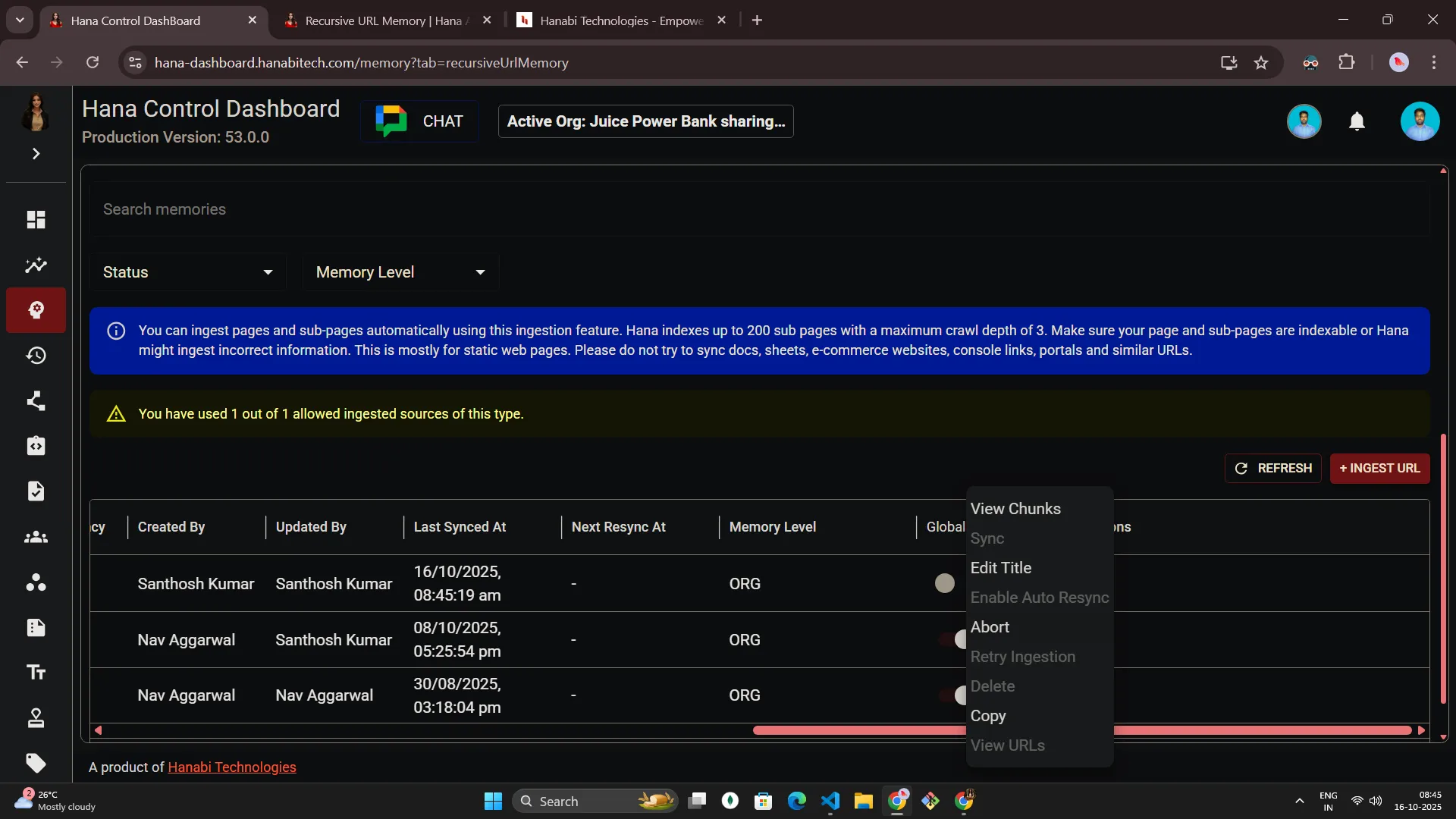 Hana dashboard — Recursive URL memory