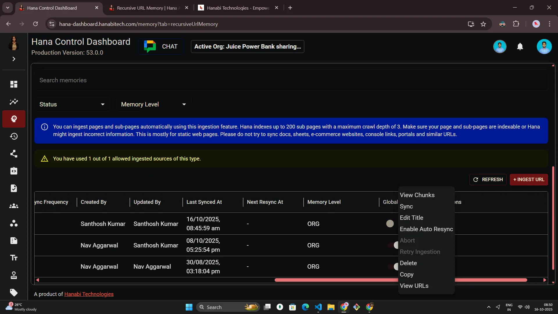 Hana dashboard — Recursive URL memory