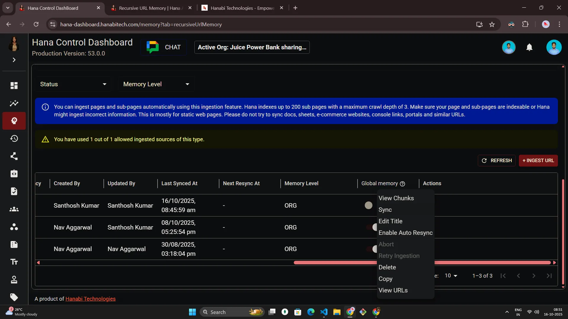 Hana dashboard — Recursive URL memory