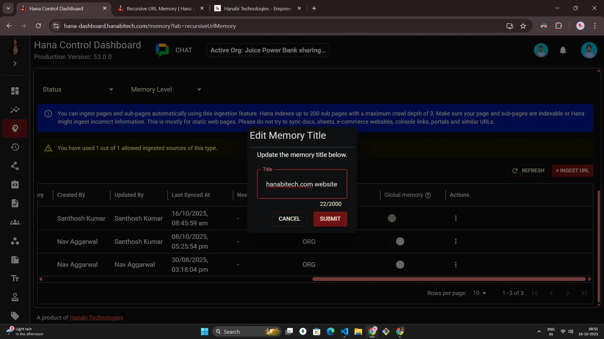 Hana dashboard — Recursive URL memory