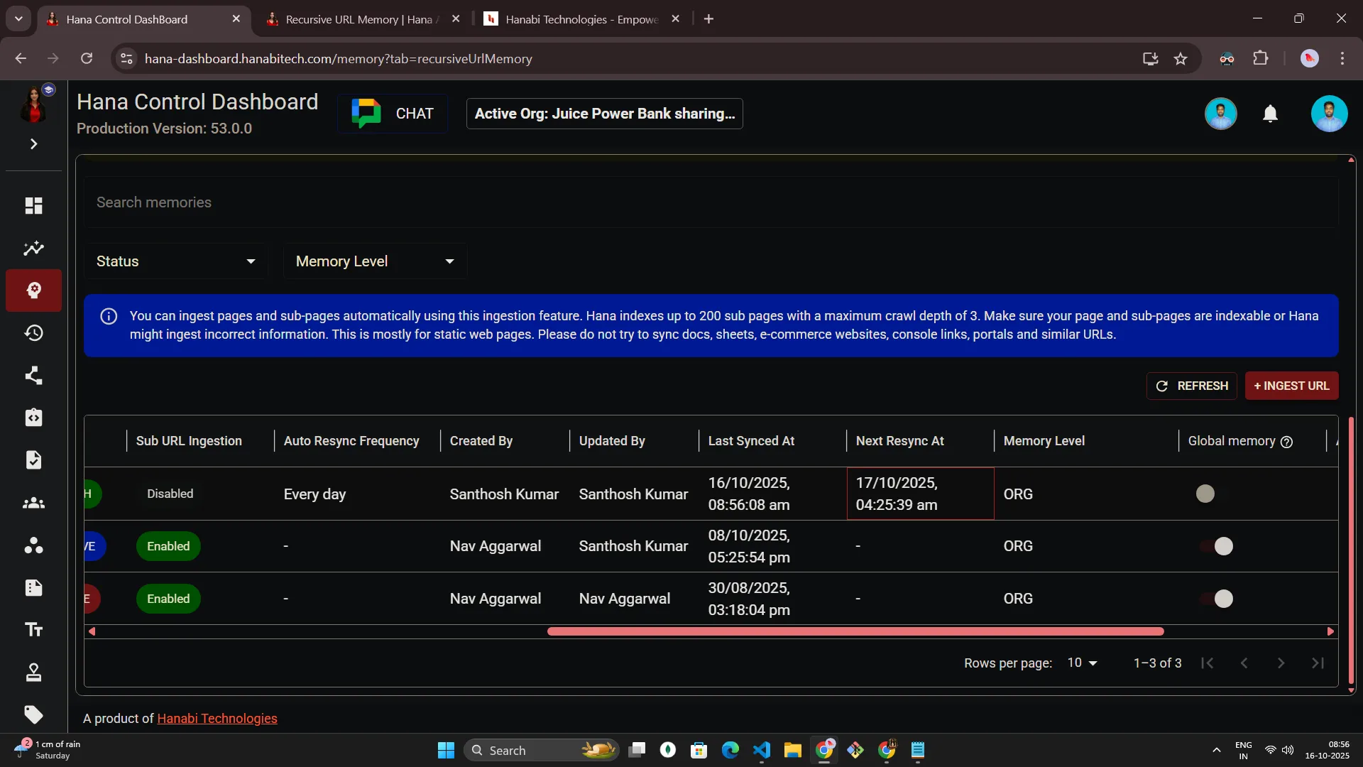 Hana dashboard — Recursive URL memory