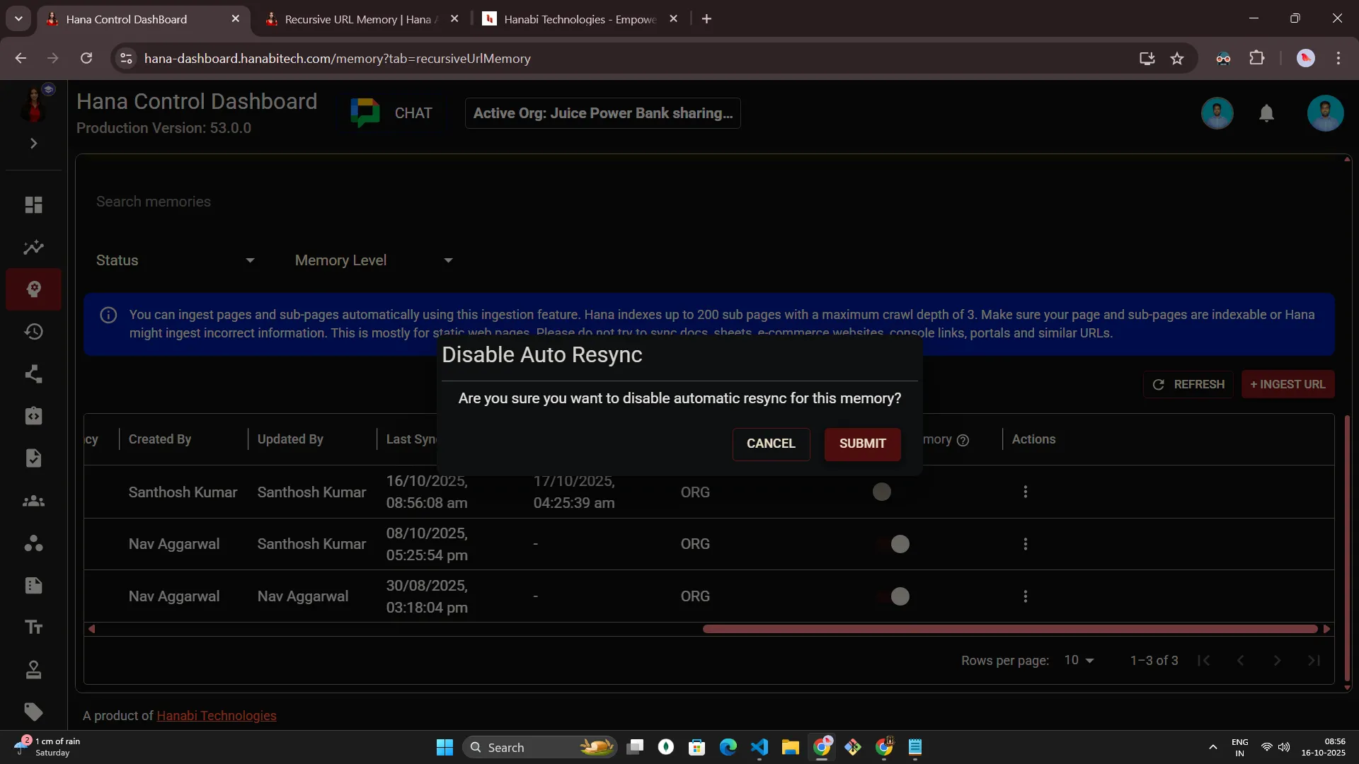 Hana dashboard — Recursive URL memory