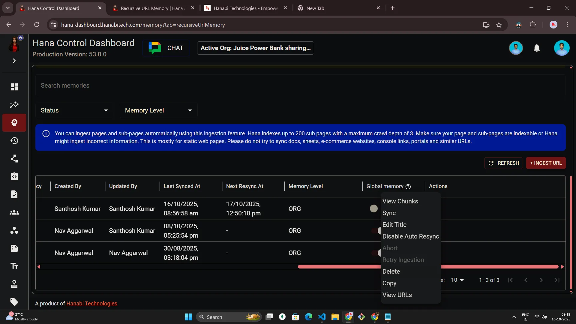 Hana dashboard — Recursive URL memory