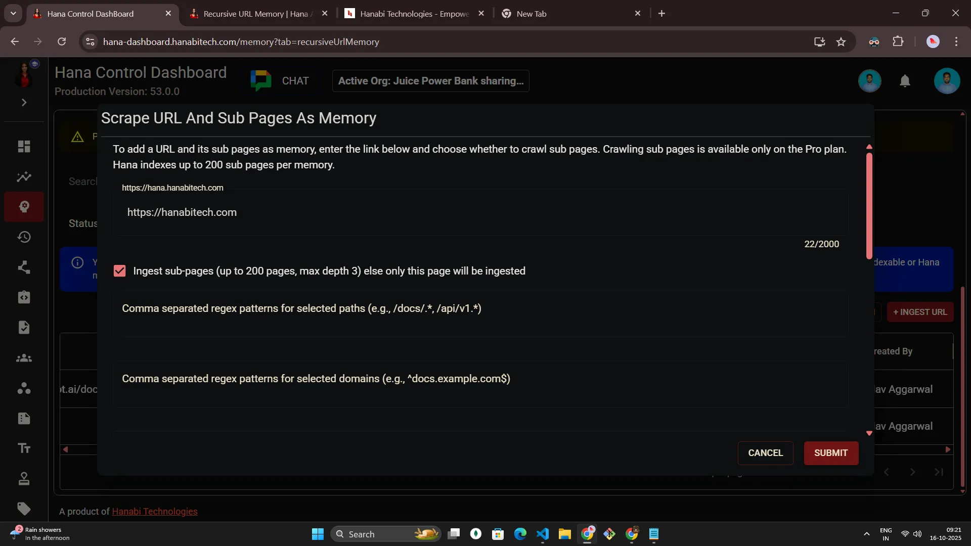 Hana dashboard — Recursive URL memory