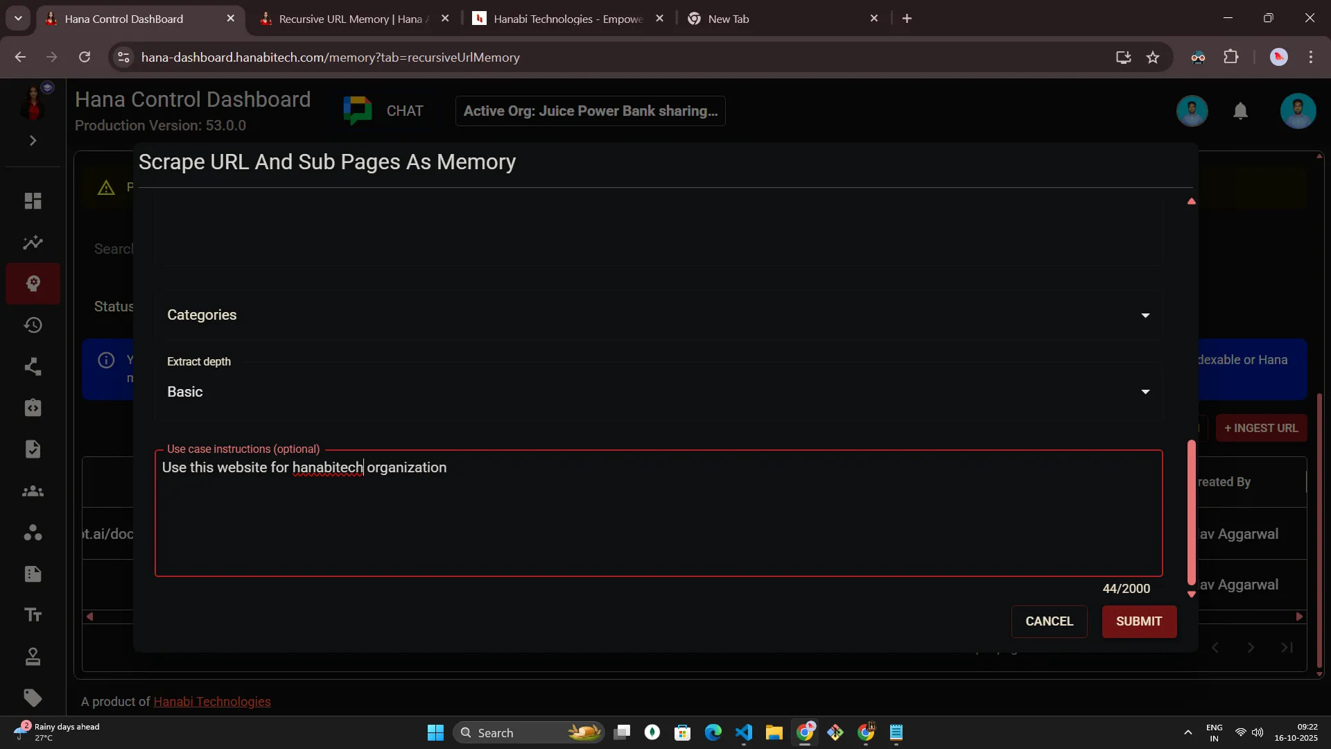 Hana dashboard — Recursive URL memory
