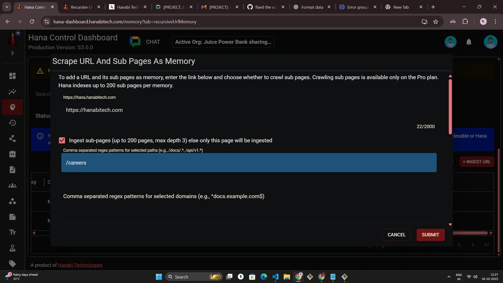 Hana dashboard — Recursive URL memory