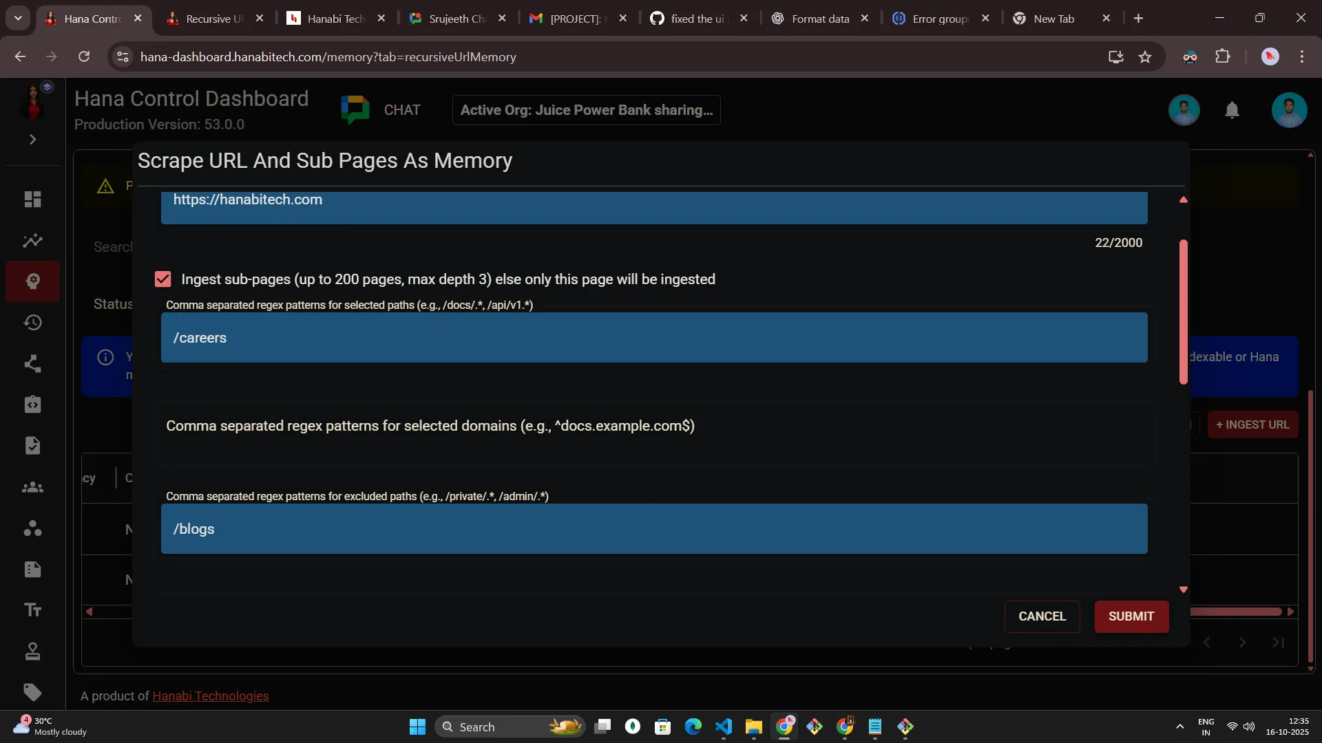 Hana dashboard — Recursive URL memory