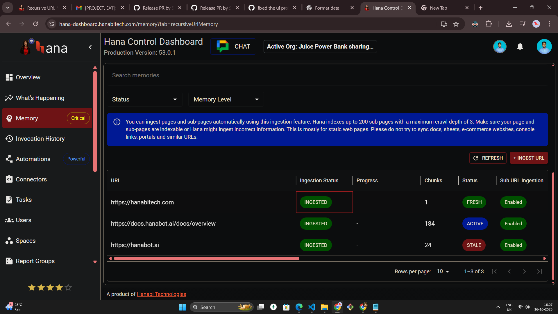 Hana dashboard — Recursive URL memory
