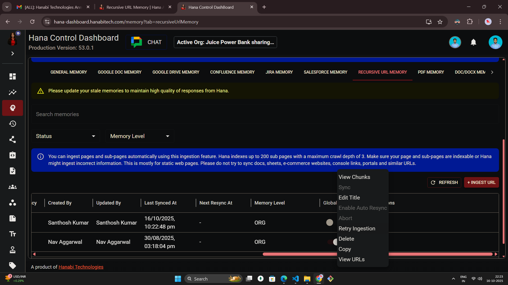 Hana dashboard — Recursive URL memory