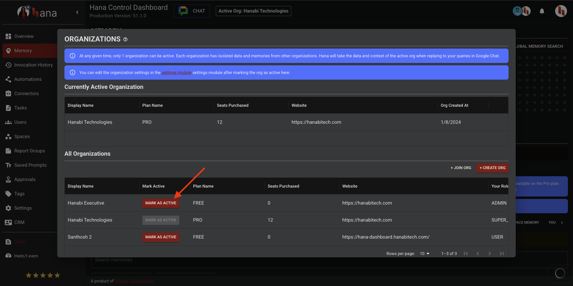 Switch organization modal in Hana