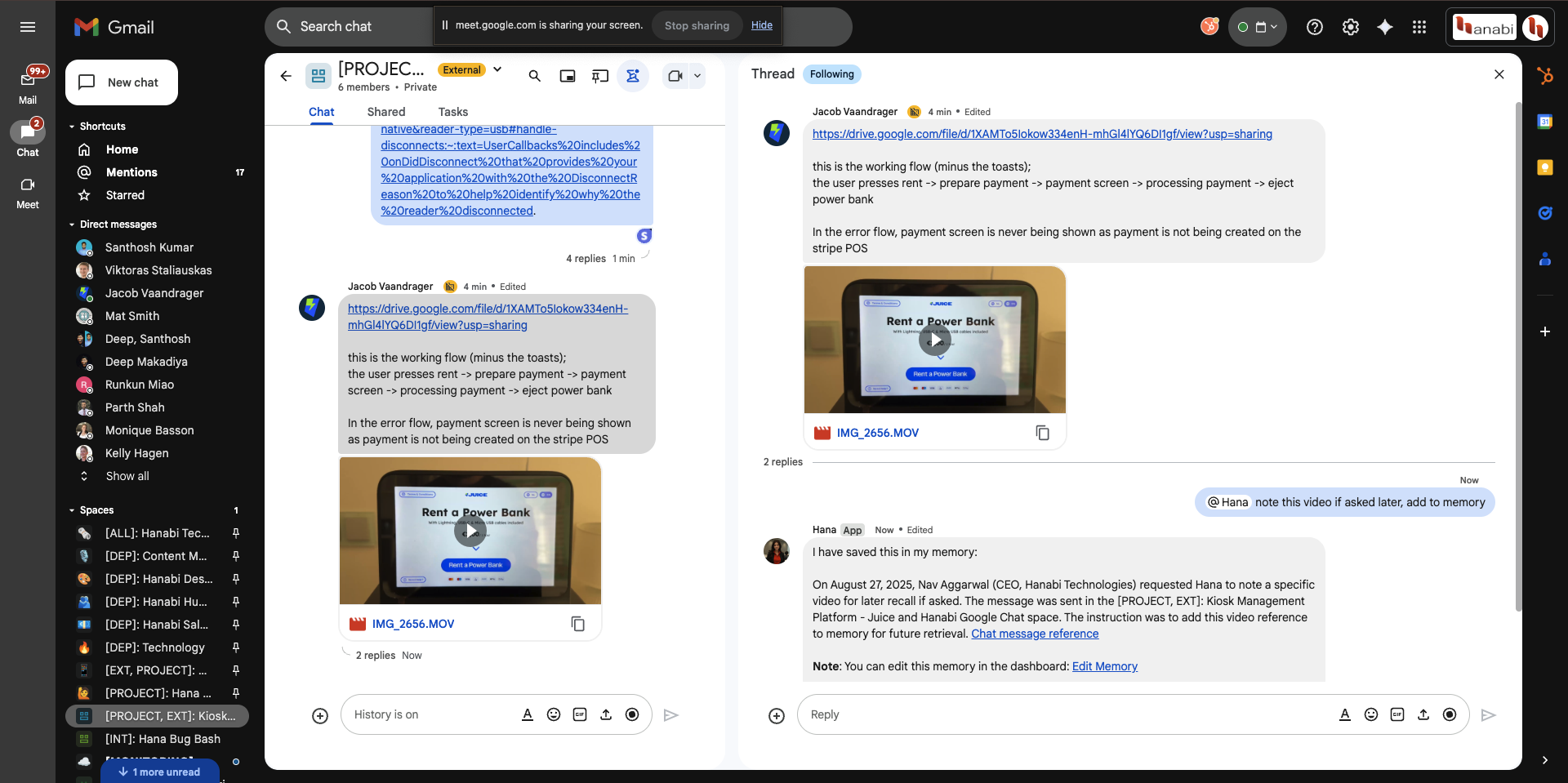 Save a memory from chat with a video reference (Hana)