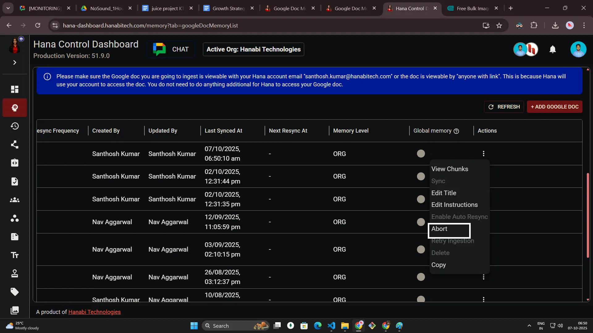 Google Doc memory access permissions for Hana