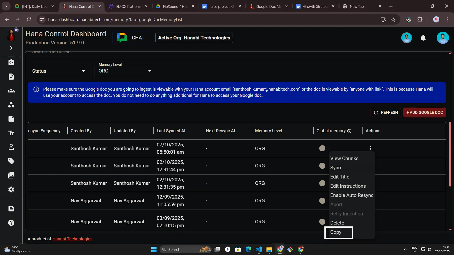 Google Doc memory access permissions for Hana