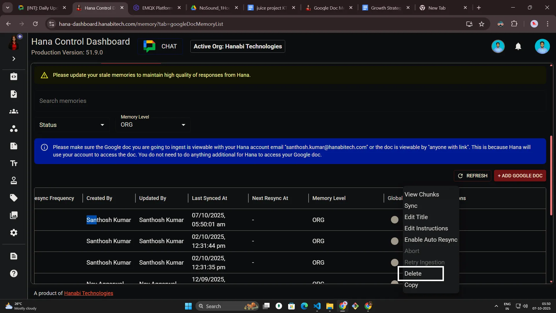 Google Doc memory access permissions for Hana