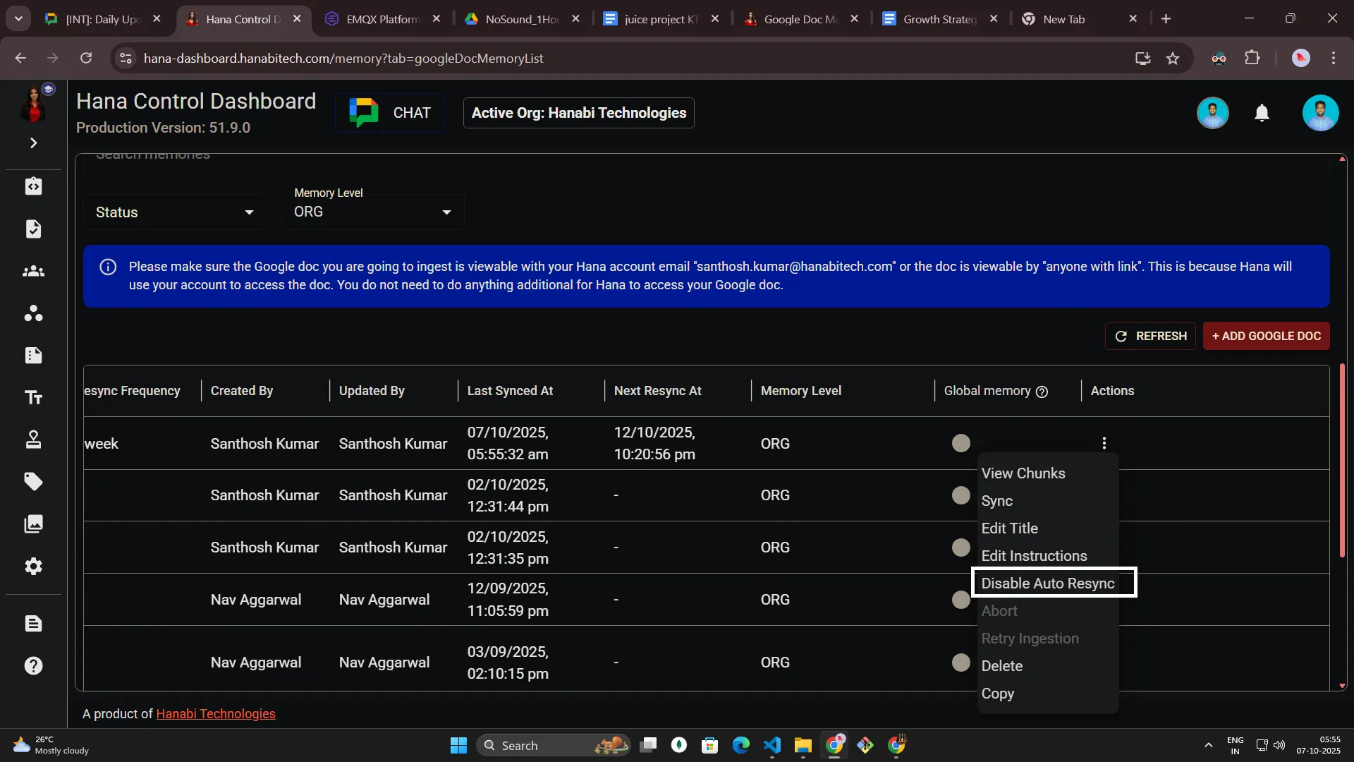 Google Doc memory access permissions for Hana