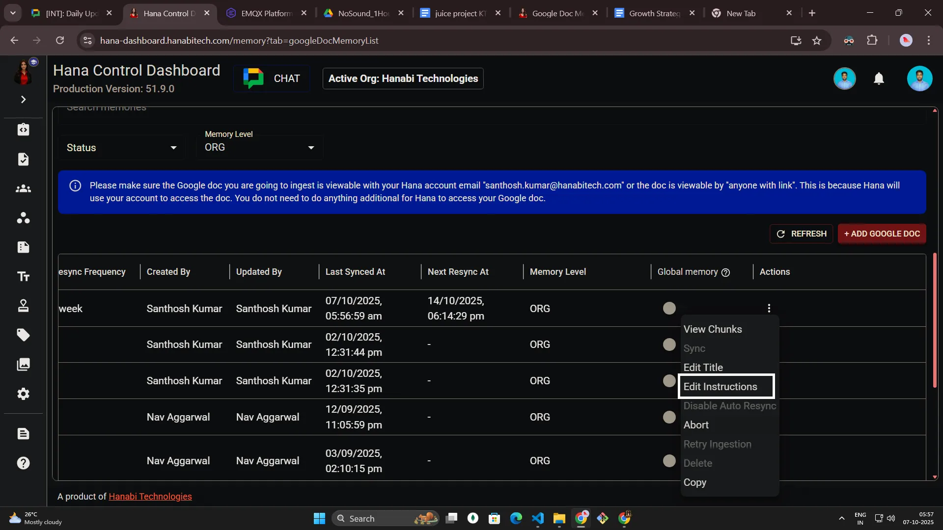 Google Doc memory access permissions for Hana
