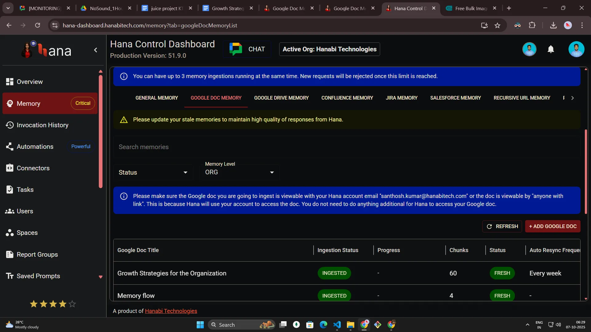 Google Doc memory in Hana