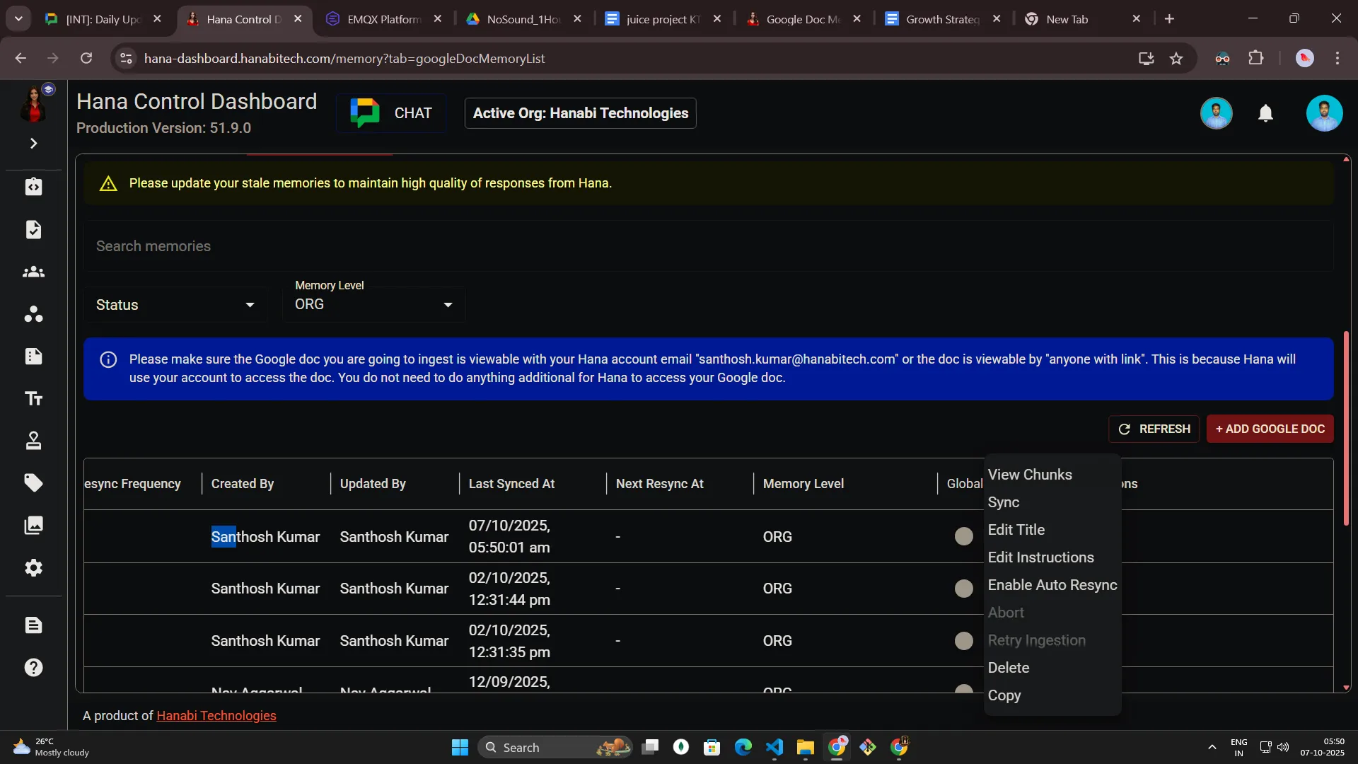 Google Doc memory access permissions for Hana