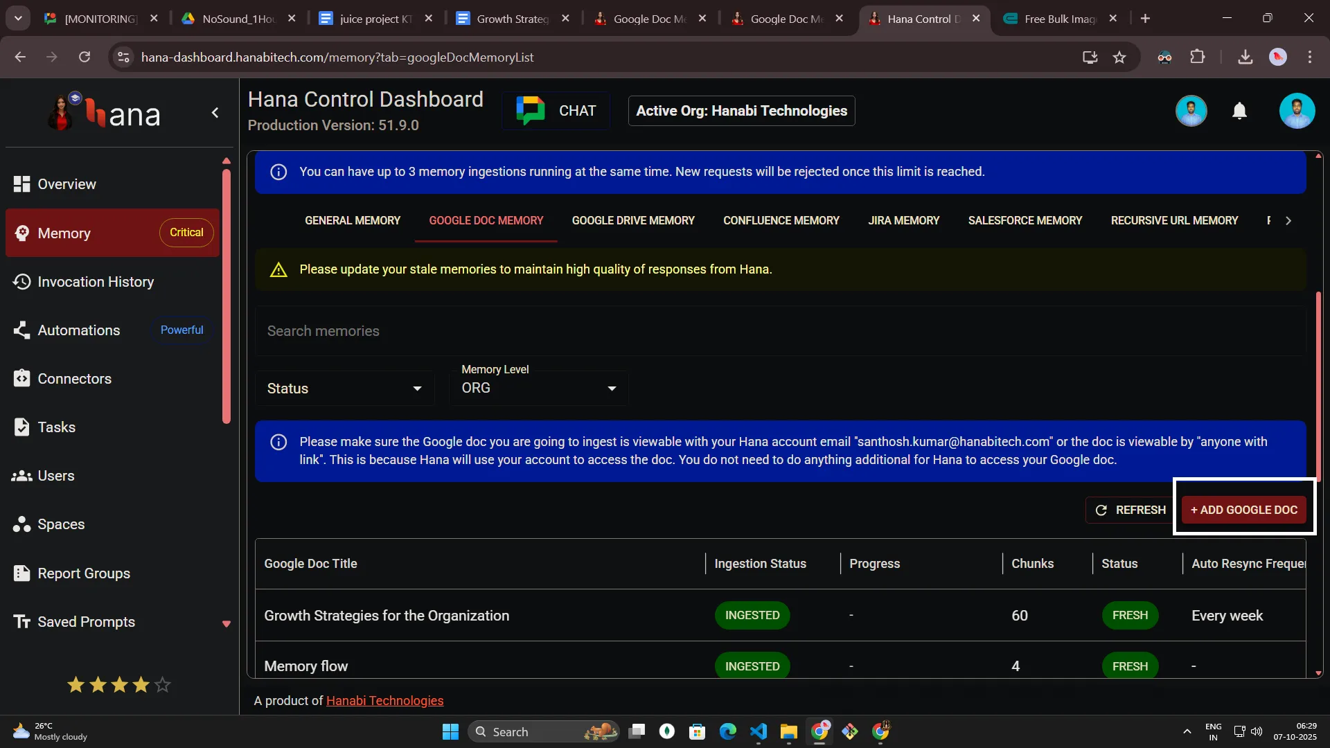 Google Doc memory in Hana
