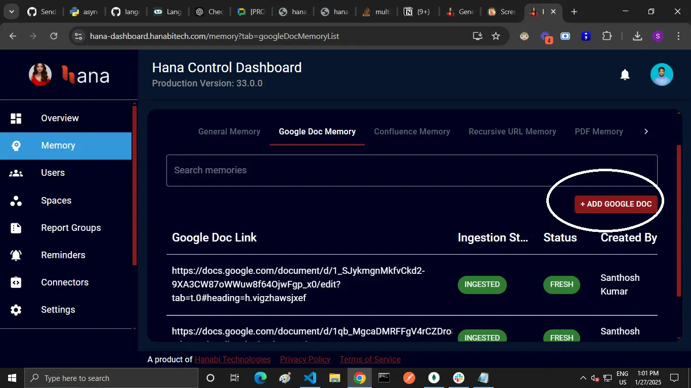 adding Google Doc memory in Hana