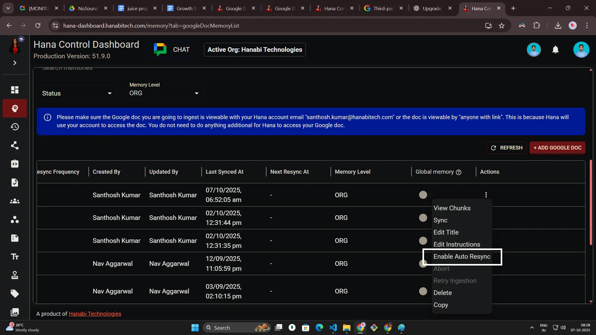 Google Doc memory access permissions for Hana