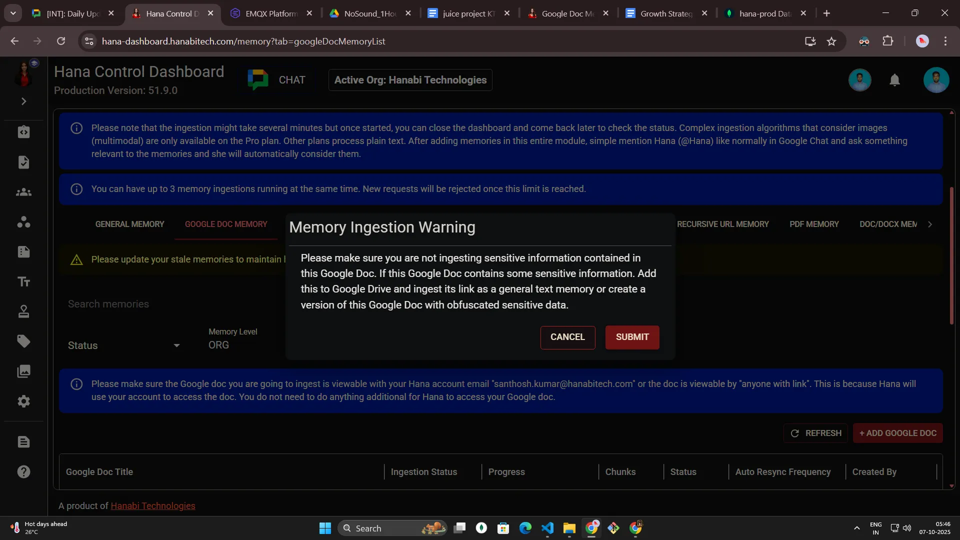 Google Doc memory in Hana