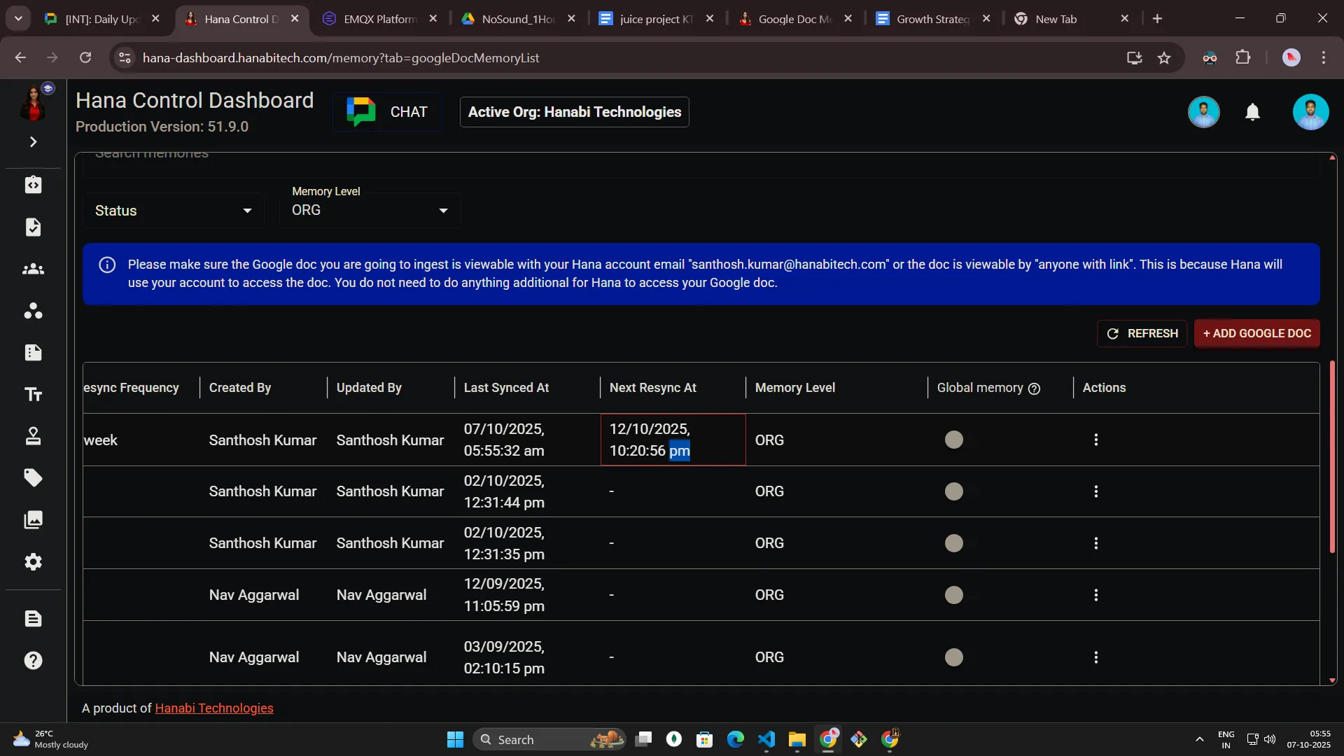 Google Doc memory next resync at