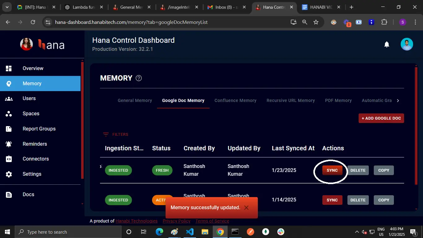 Syncing Google Doc memory in Hana