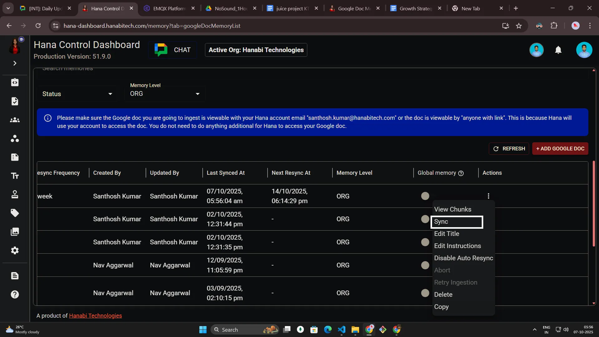 Google Doc memory access permissions for Hana