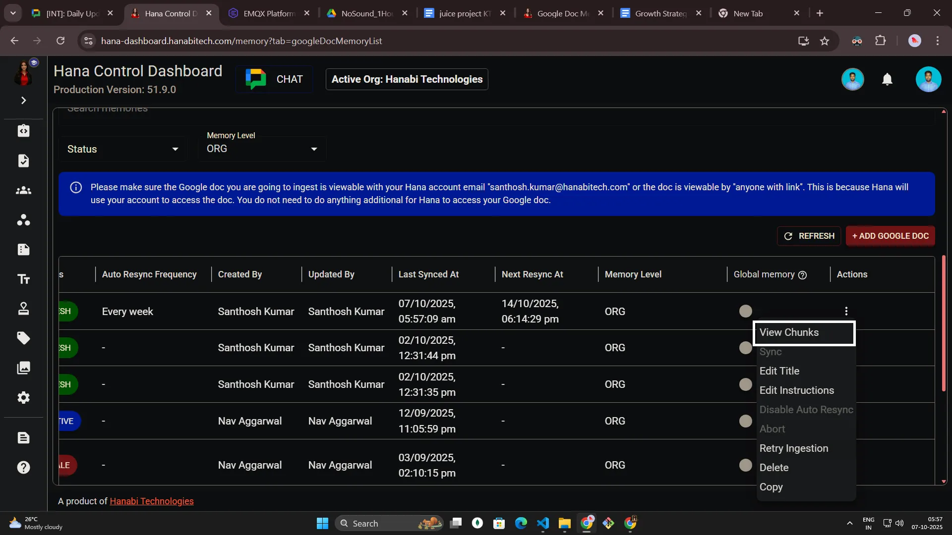 Google Doc memory access permissions for Hana