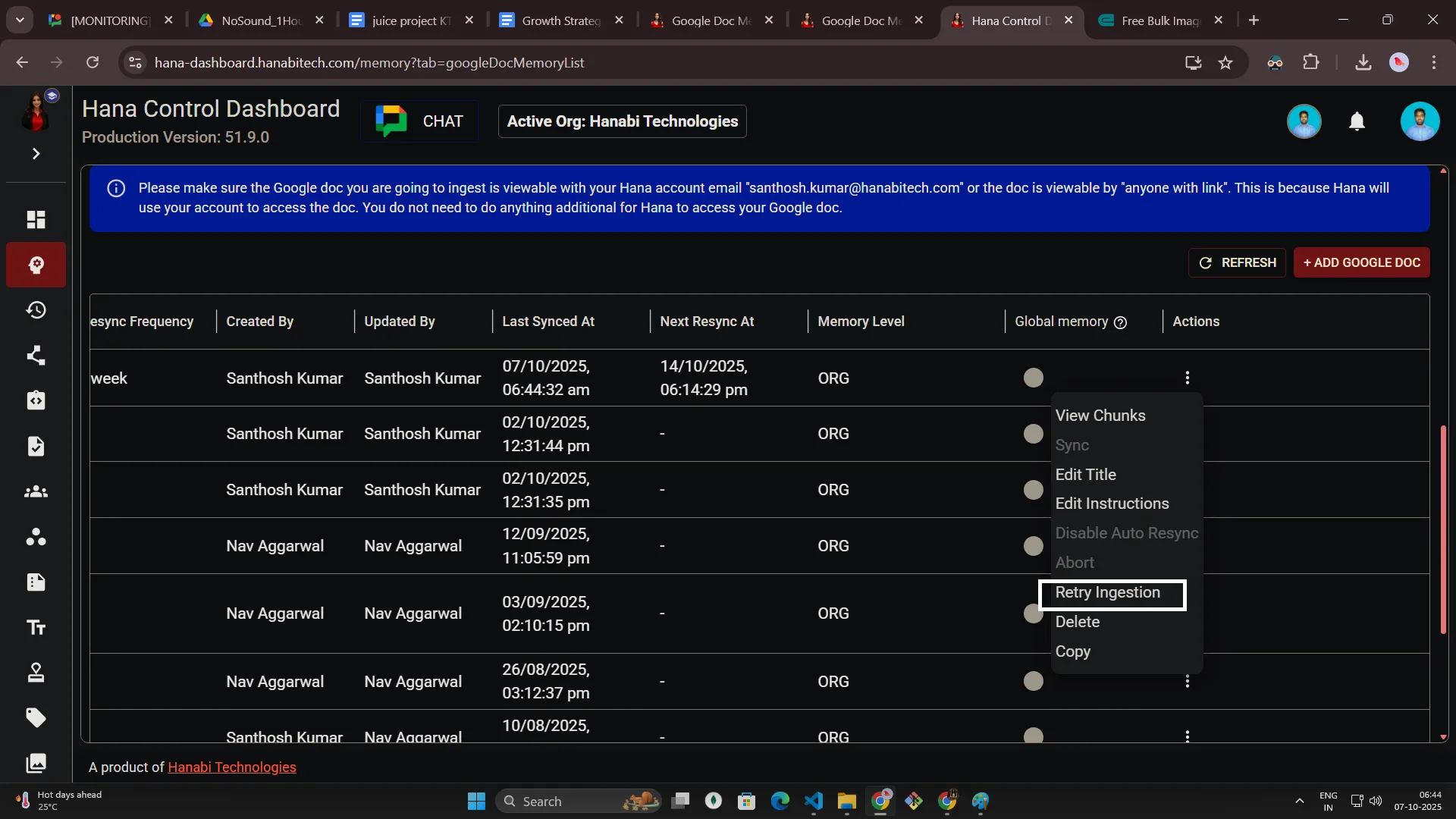 Google Doc memory access permissions for Hana