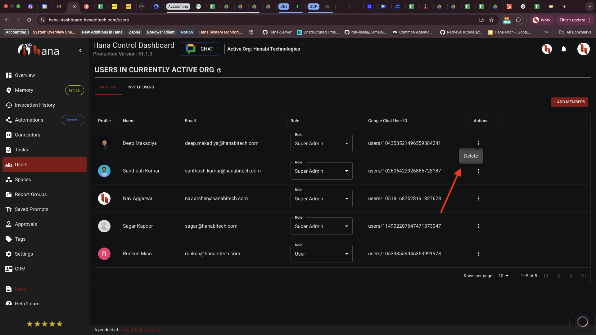 Delete user from Hana dashboard