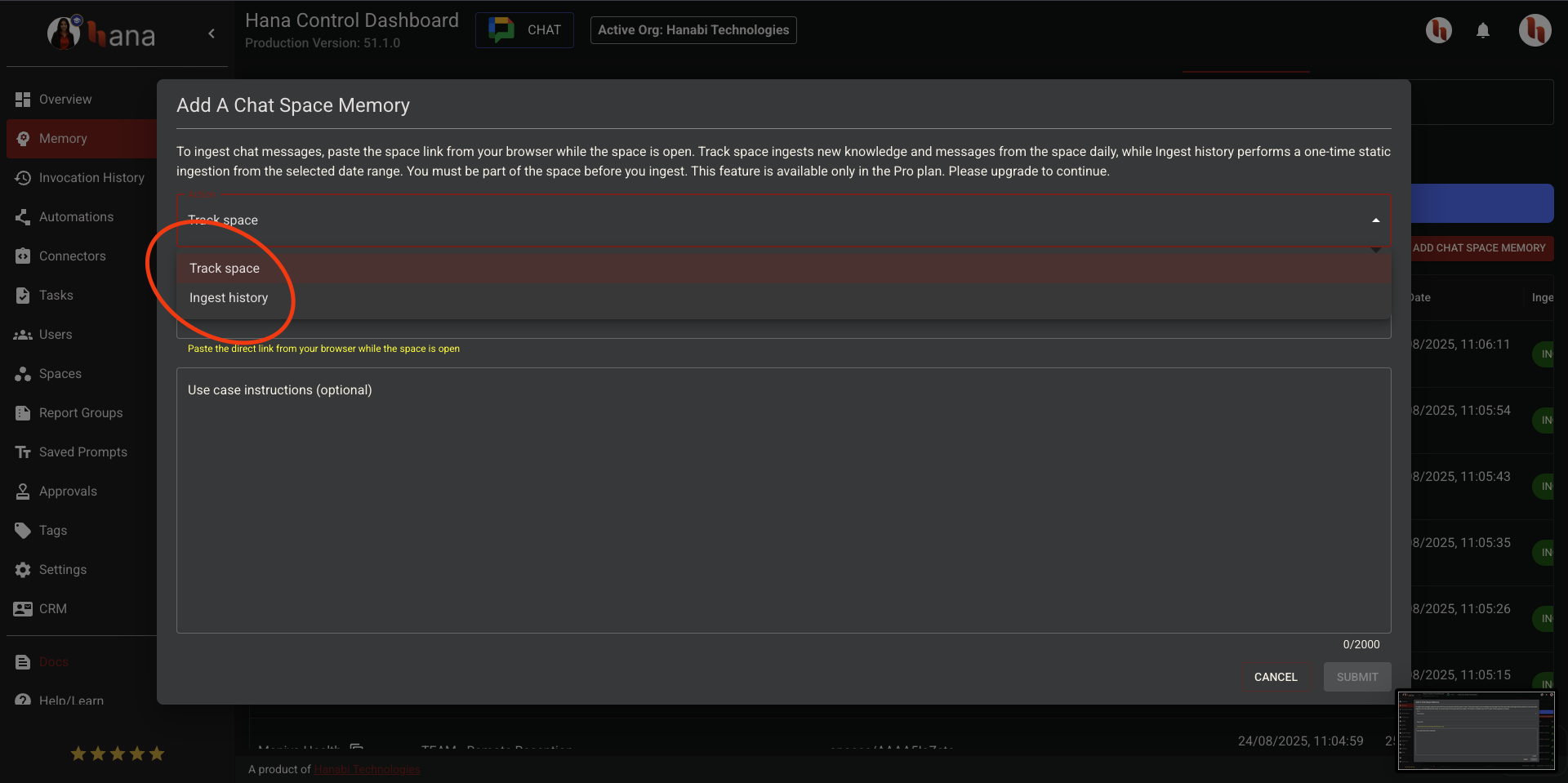 google chat space memory in Hana