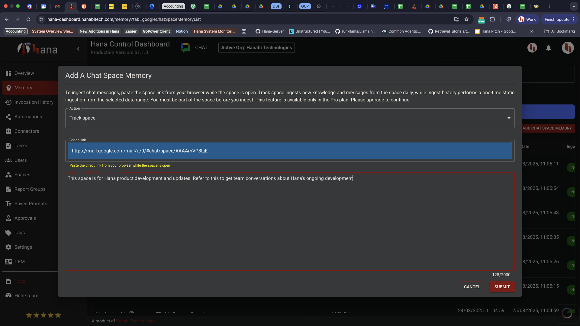 google chat space auto tracking memory in Hana