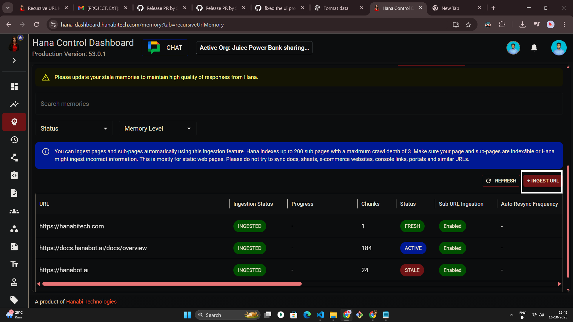 Hana dashboard — Recursive URL memory