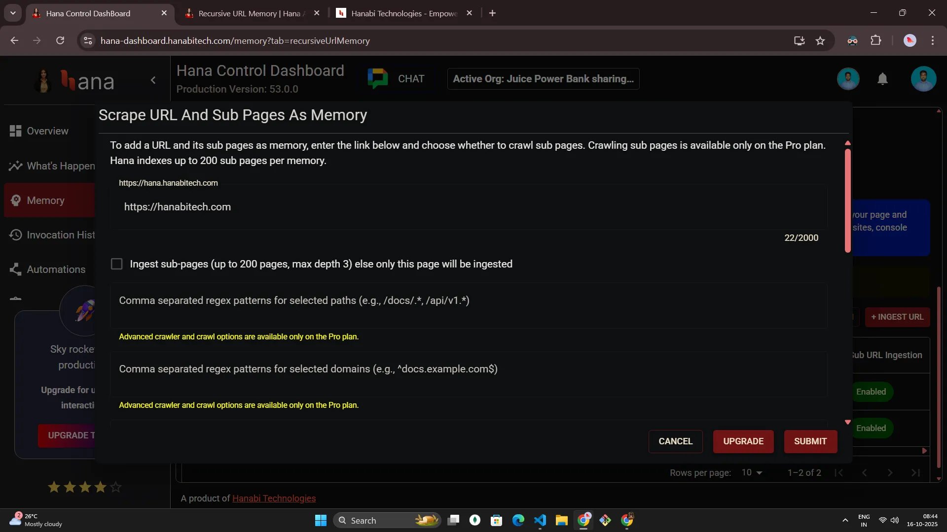 Hana dashboard — Recursive URL memory