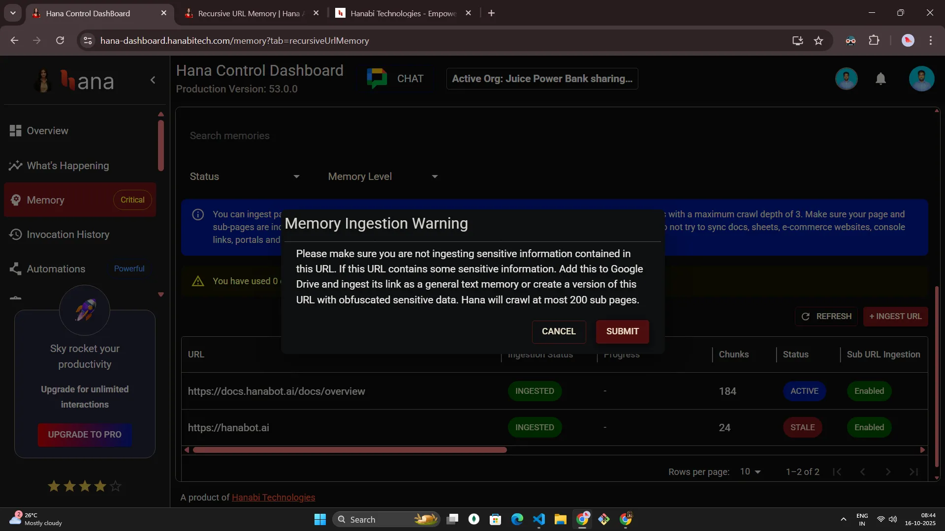 Hana dashboard — Recursive URL memory