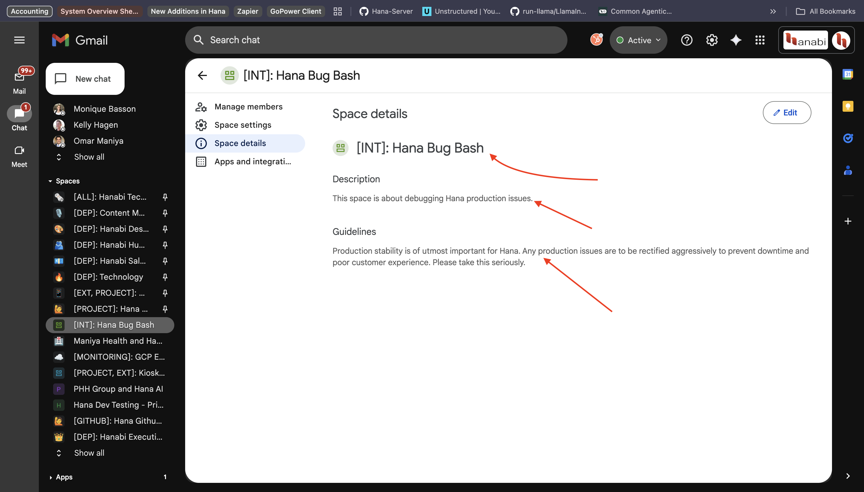 Hana automatically considers space name, description and guidelines