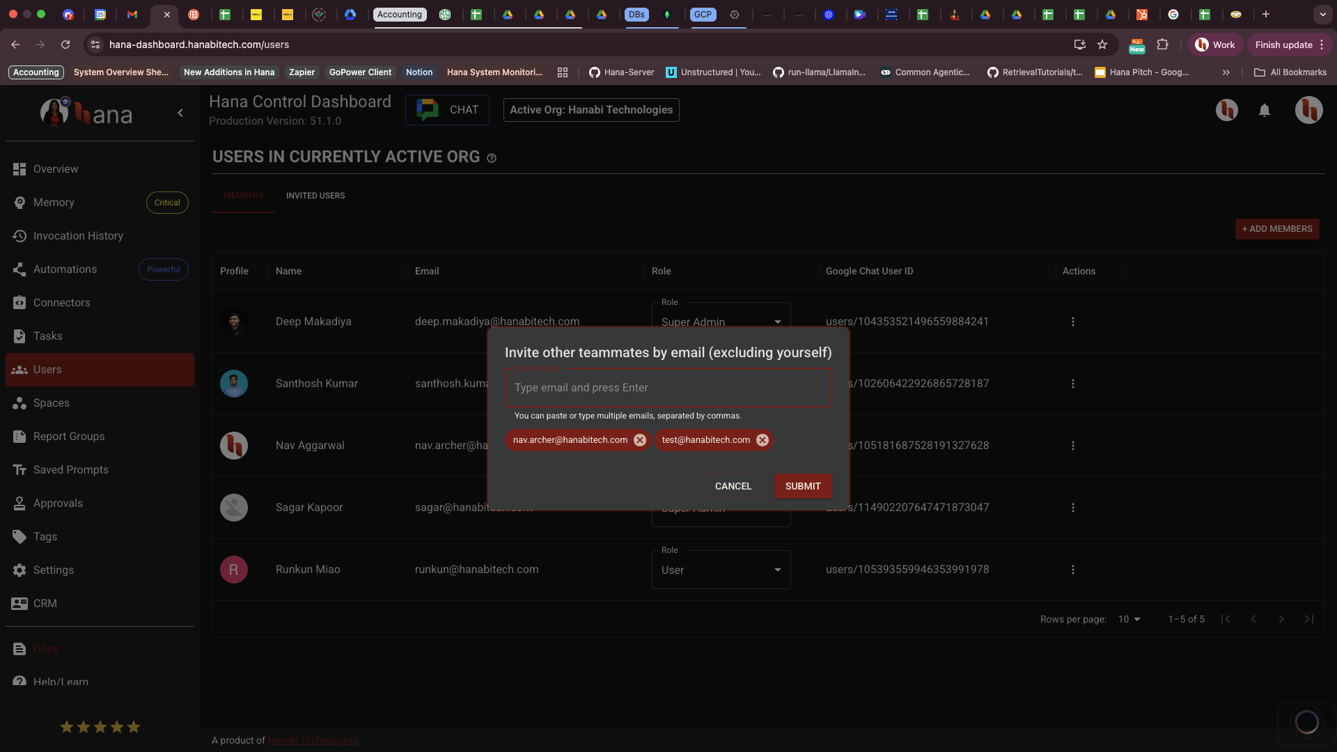 Invite users in Hana dashboard