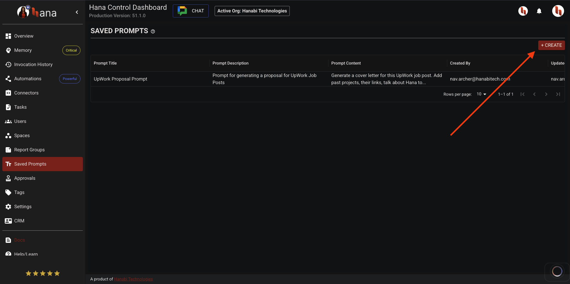 saved prompts in Hana Dashboard