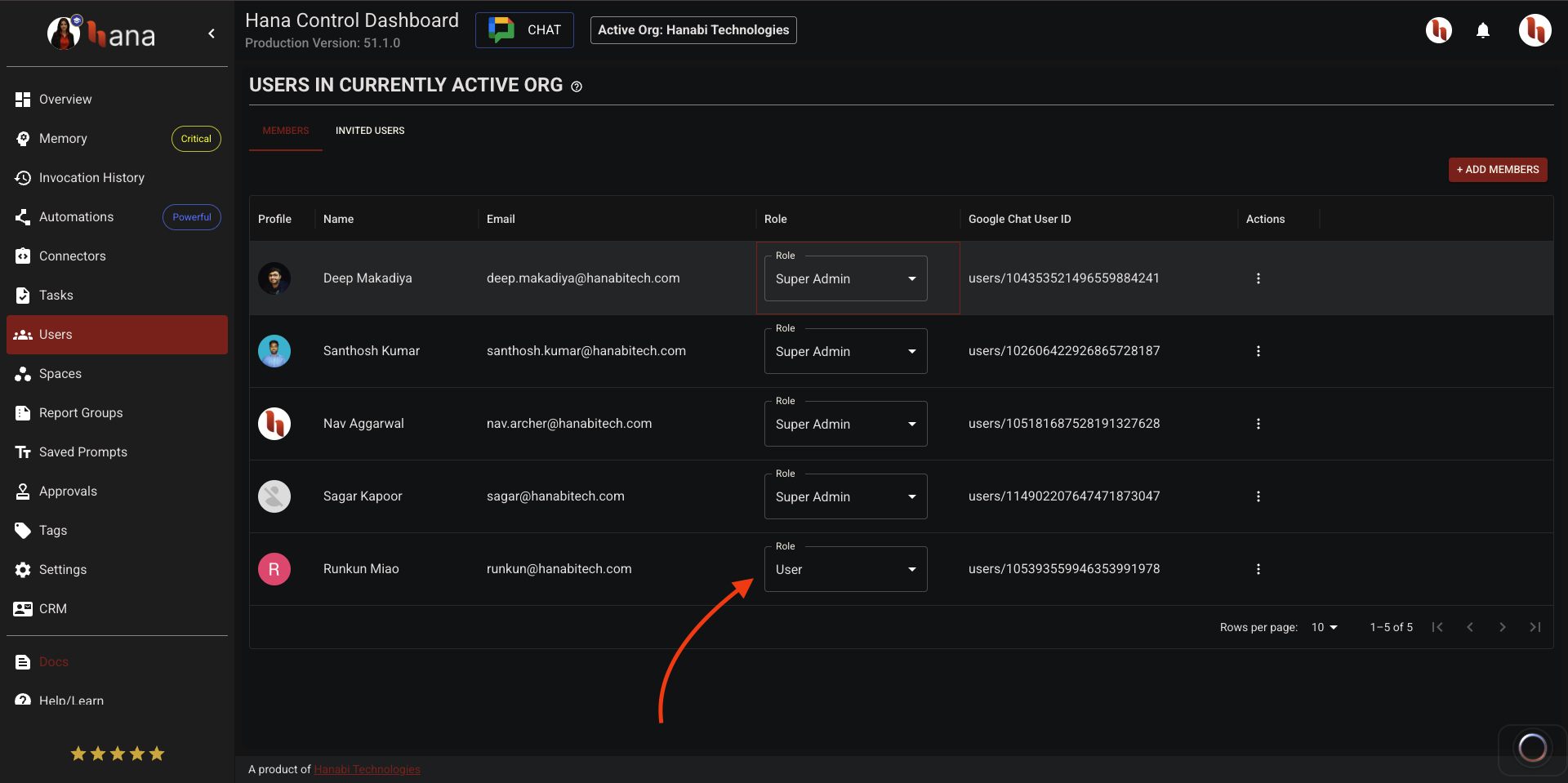 Change user role in Hana dashboard
